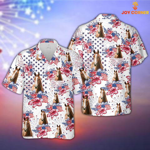 Joy Corners Horse US Flag Flower Pattern 3D Hawaiian Shirt