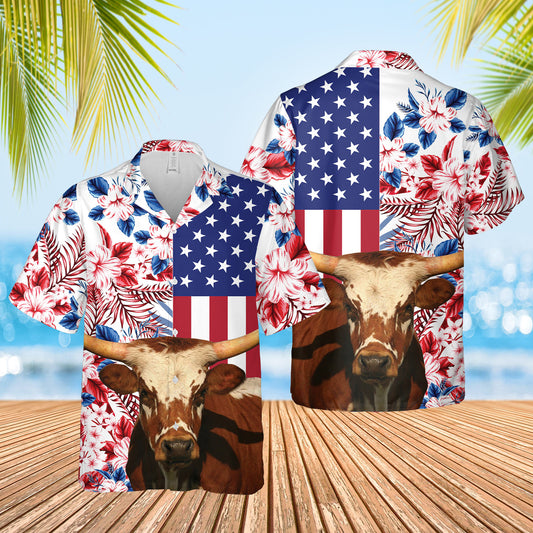 Joy Corners Texas Longhorn US Flag Flower 3D Hawaiian Shirt