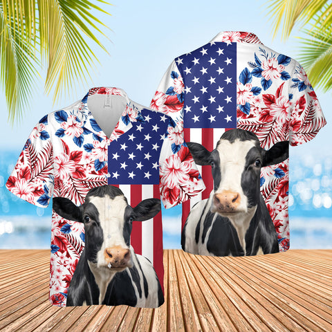 Joy Corners Holstein US Flag Flower 3D Hawaiian Shirt