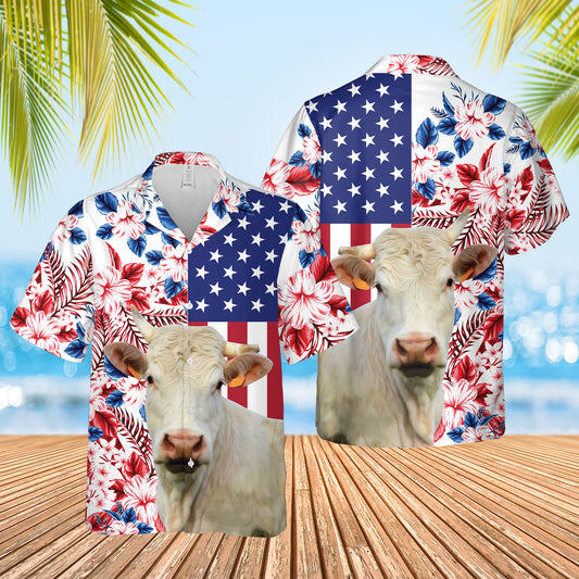 Joy Corners Charolais US Flag Flower 3D Hawaiian Shirt