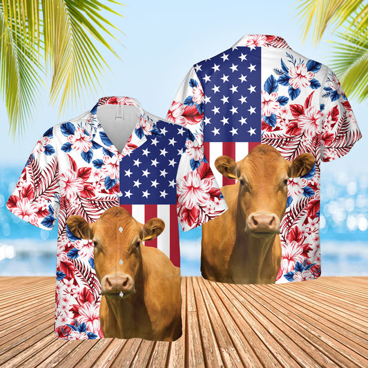 Joy Corners Limousin US Flag Flower 3D Hawaiian Shirt