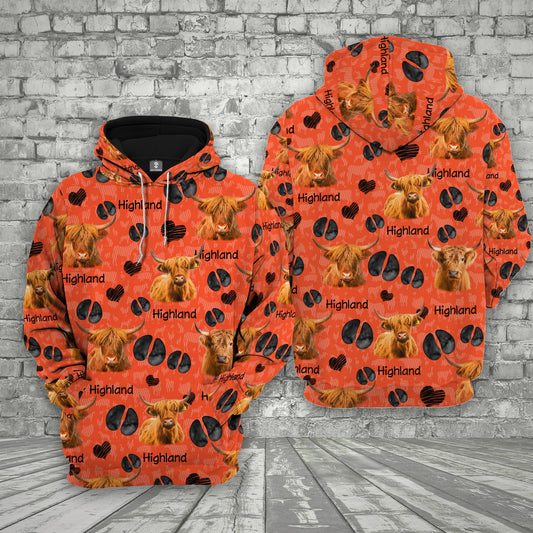 Joycorners Farm Highland Cattle Happy Pattern 3D Printed Hoodie