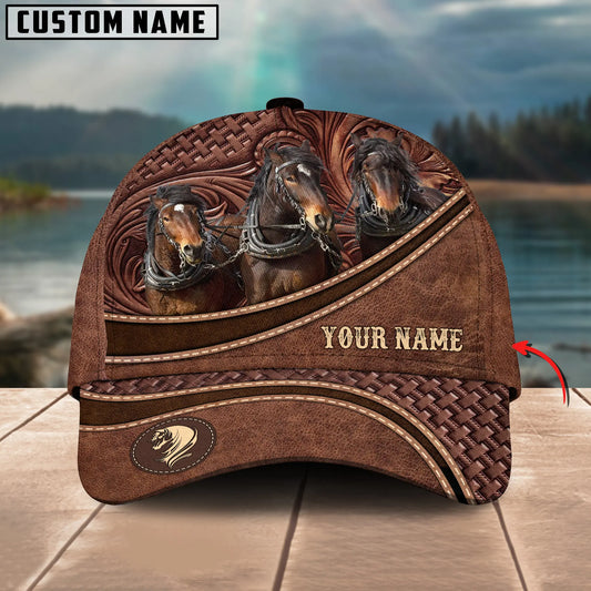 Joycorners Draft Horses Personalized Name Brown Carving Leather Pattern 3D Classic Cap