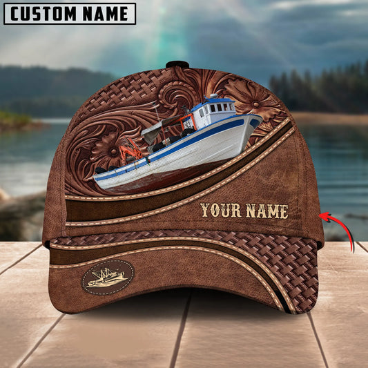 Joycorners Fishermen Personalized Name Brown Carving Leather Pattern 3D Classic Cap