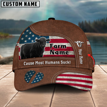 Joycorners Black Angus US Flag Customized Name And Farm Name Cap