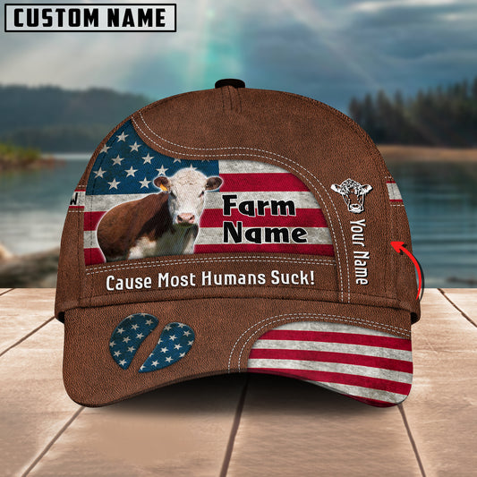 Joycorners Hereford US Flag Customized Name And Farm Name Cap