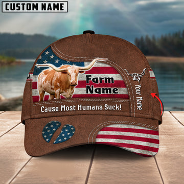 Joycorners Texas Longhorn US Flag Customized Name And Farm Name Cap