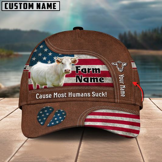 Joycorners Charolais US Flag Customized Name And Farm Name Cap