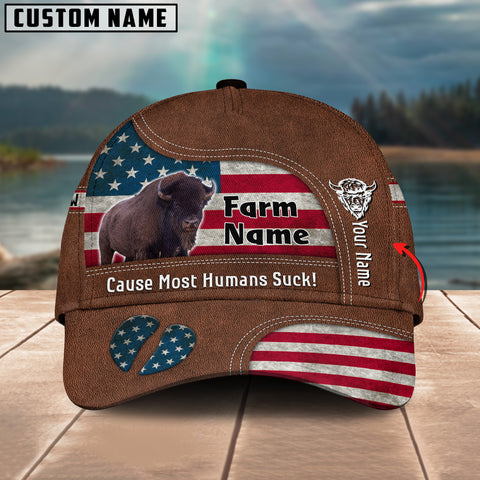 Joycorners Bison US Flag Customized Name And Farm Name Cap
