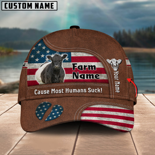 Joycorners Belted Galloway US Flag Customized Name And Farm Name Cap