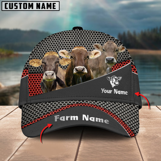 Joycorners Brown Swiss Customized Name And Farm Name Metal 3D Classic Cap