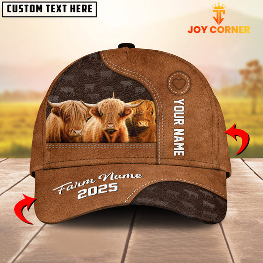 Joycorners Custom Name And Farm Name Highland Catlle Brown Leather Pattern 3D Classic Cap