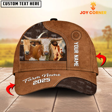 Joycorners Custom Name And Farm Name Texas Longhorn Brown Leather Pattern 3D Classic Cap