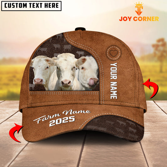 Joycorners Custom Name And Farm Name Charolais Brown Leather Pattern 3D Classic Cap