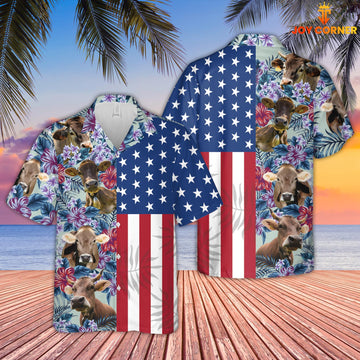 Joy Corners Braunvieh Flower Pattern American 3D Hawaiian Shirt