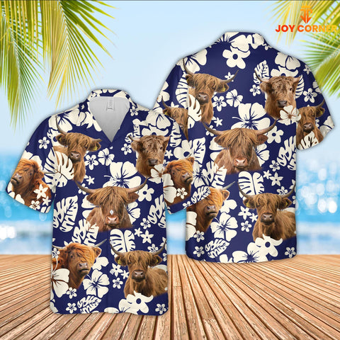 Joy Corners Flower Highland Cattle Blue Pattern 3D Hawaiian Shirt