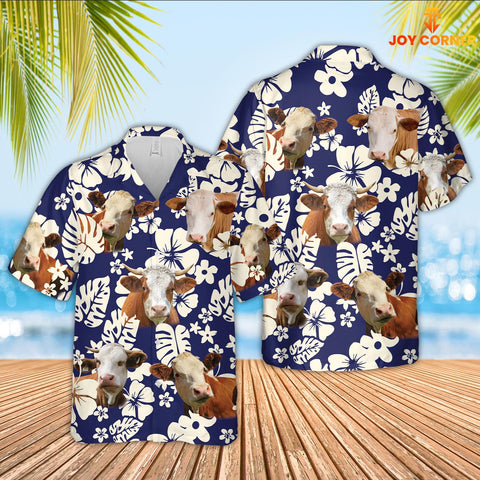 Joy Corners Simmental Flower Blue Pattern 3D Hawaiian Shirt