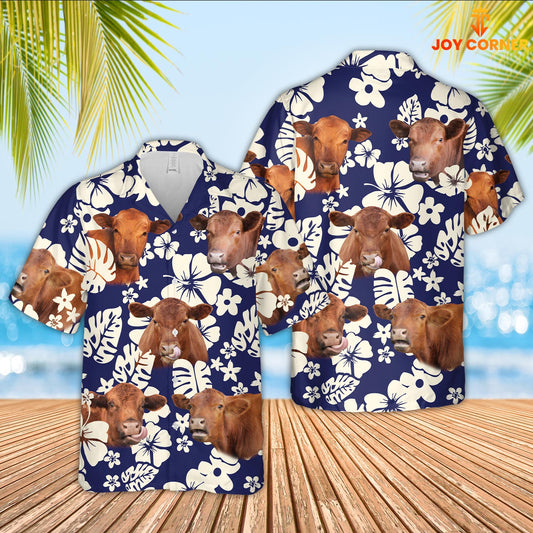 Joy Corners Red Angus Flower Blue Pattern 3D Hawaiian Shirt