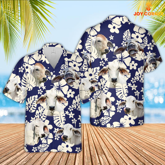 Joy Corners Brahman Cattle Flower Blue Pattern 3D Hawaiian Shirt