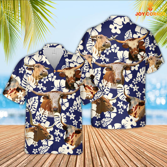 Joy Corners Texas Longhorn Flower Blue Pattern 3D Hawaiian Shirt