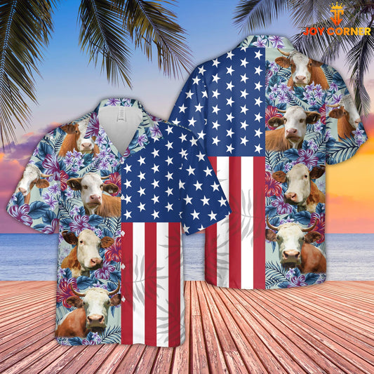 Joy Corners Simmental Flower Pattern American 3D Hawaiian Shirt