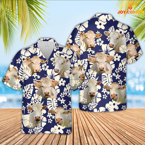 Joy Corners Charolais Flower Blue Pattern 3D Hawaiian Shirt