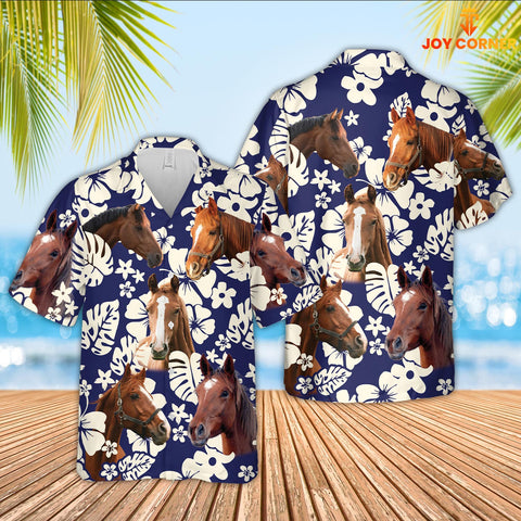 Joy Corners Horse Flower Blue Pattern 3D Hawaiian Shirt