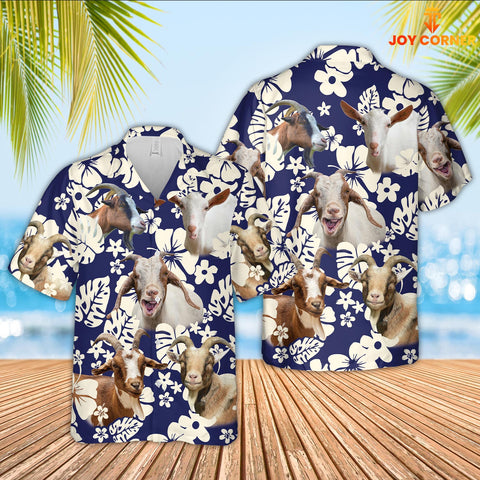 Joy Corners Goat Flower Blue Pattern 3D Hawaiian Shirt