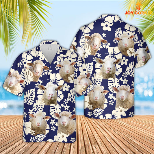 Joy Corners Sheep Flower Blue Pattern 3D Hawaiian Shirt