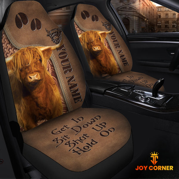 Joycorners Highland Cattle Leather Carving Customized Name Car Seat Cover Set