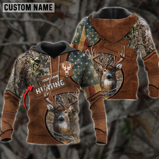 Joycorners Deer Hunting Personalized Name Brown Leather Pattern 3D Hoodie