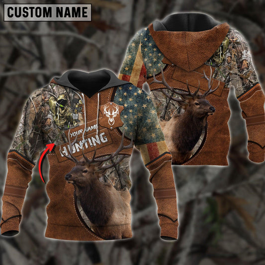 Joycorners Elk Hunting Personalized Name Brown Leather Pattern 3D Hoodie