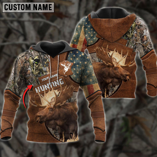 Joycorners Moose Hunting Personalized Name Brown Leather Pattern 3D Hoodie