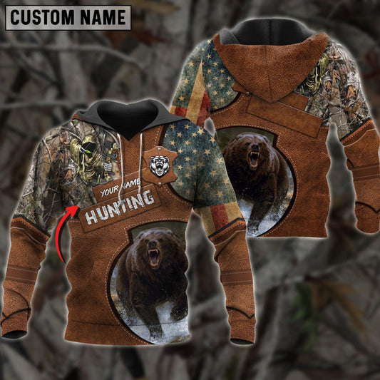 Joycorners Bear Hunting Personalized Name Brown Leather Pattern 3D Hoodie
