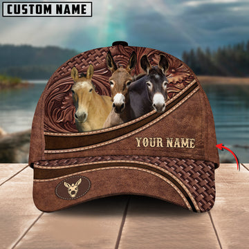 Joycorners Mule Personalized Name Brown Carving Leather Pattern 3D Classic Cap