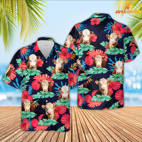 Joy Corners Hereford Face Tropical Pattern 3D Hawaiian Shirt