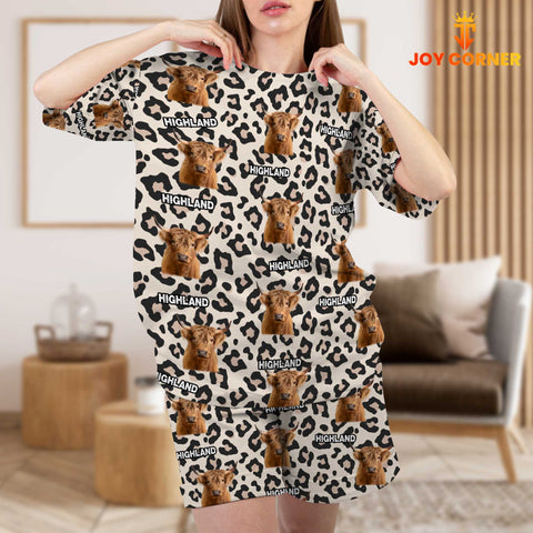 Joycorners Highland Cattle Leopard Pattern 3D Short Pajamas