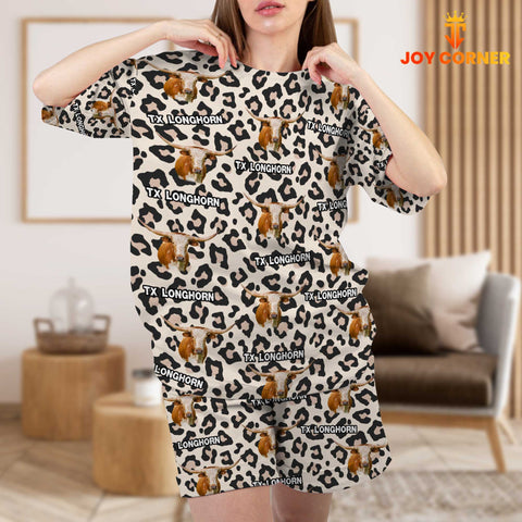 Joycorners Texas Longhorn Cattle Leopard Pattern 3D Short Pajamas