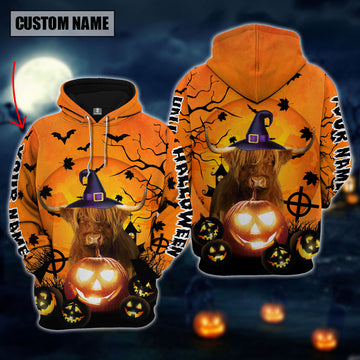 Joycorners Farm Custom Name Highland Cattle Halloween Pattern 3D Printed Hoodie