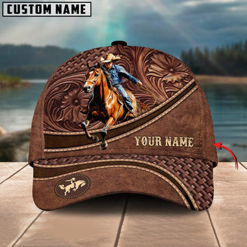 Joycorners Horse Rodeo Personalized Name Brown Carving Leather Pattern 3D Classic Cap