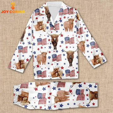 Joycorners Highland Cattle Happy Star US Flag Pattern 3D Pajamas