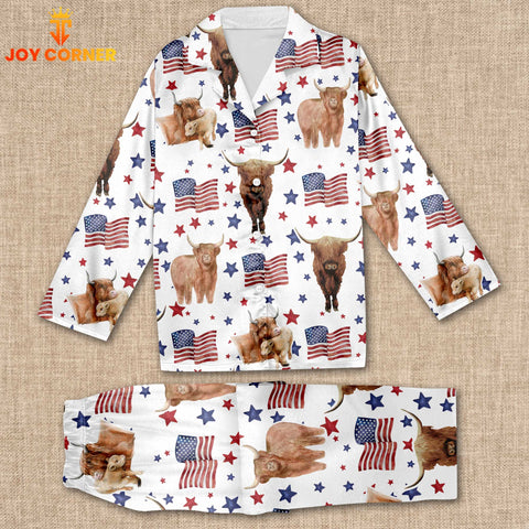 Joycorners Highland Cattle Happy Star US Flag Pattern 3D Pajamas