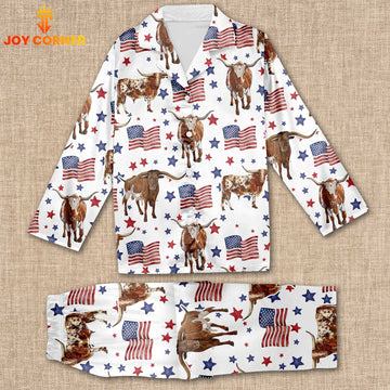 Joycorners Texas Longhorn Happy Star US Flag Pattern 3D Pajamas