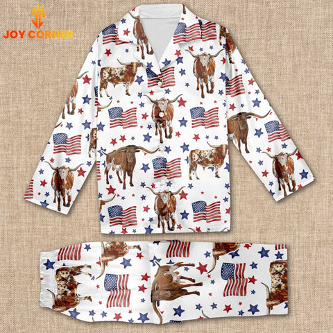 Joycorners Texas Longhorn Happy Star US Flag Pattern 3D Pajamas