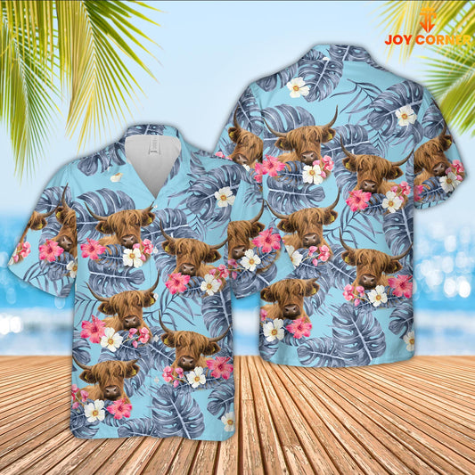 Joy Corners Highland Cattle Sierra Blue Pattern 3D Hawaiian Shirt