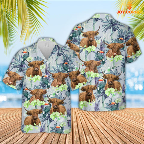 Joy Corners Highland Cattle Flower Pattern 3D Hawaiian Shirt