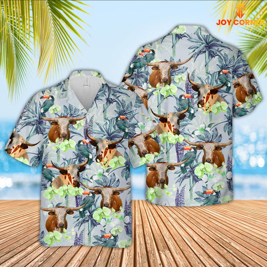 Joy Corners Texas Longhorn Flower Pattern 3D Hawaiian Shirt