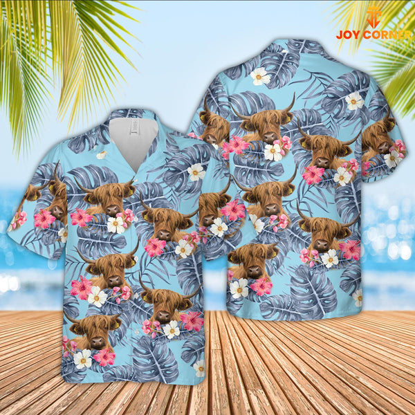 Joy Corners Highland Cattle Sierra Blue Pattern 3D Hawaiian Shirt