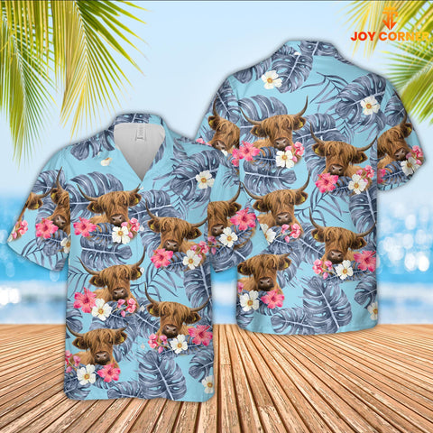 Joy Corners Highland Cattle Sierra Blue Pattern 3D Hawaiian Shirt