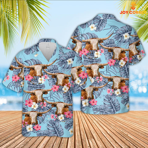 Joy Corners Texas Longhorn Sierra Blue Pattern 3D Hawaiian Shirt